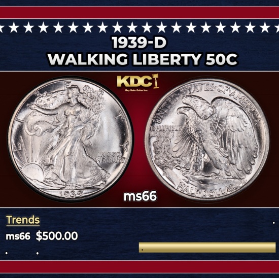 1939-d Walking Liberty Half Dollar 50c Grades GEM+ Unc