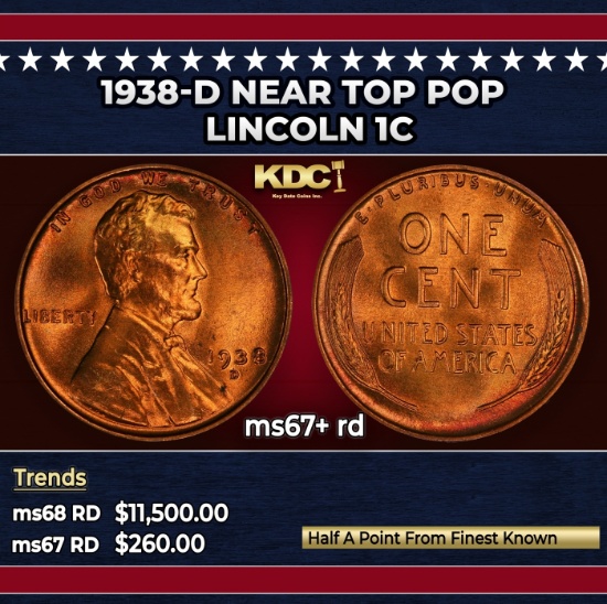 1938-d Lincoln Cent Near Top Pop 1c ms67+ rd SEGS