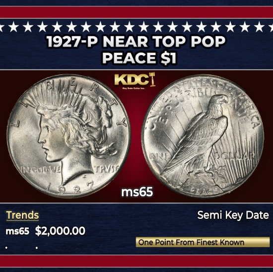 1927-p Peace Dollar Near Top Pop $1 ms65 SEGS