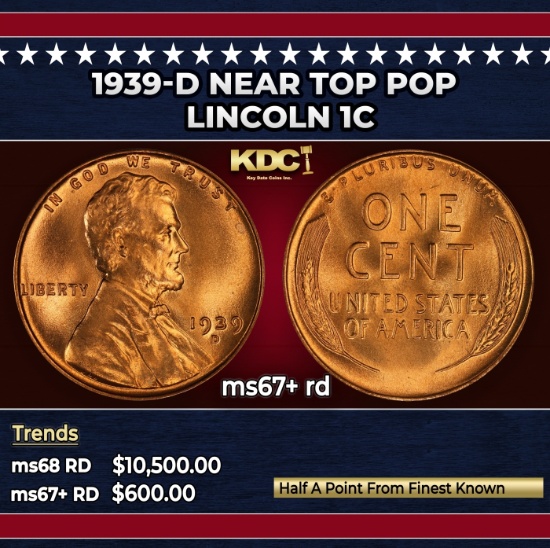 1939-d Lincoln Cent Near Top Pop 1c ms67+ rd SEGS