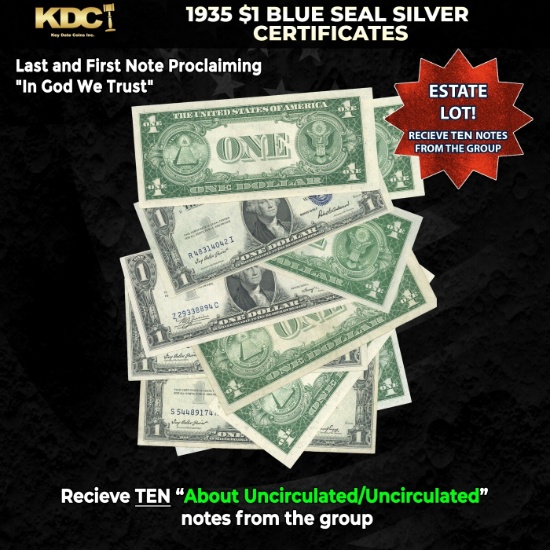 10x 1935 $1 Blue Seal Silver Certificates Grades AU/CU