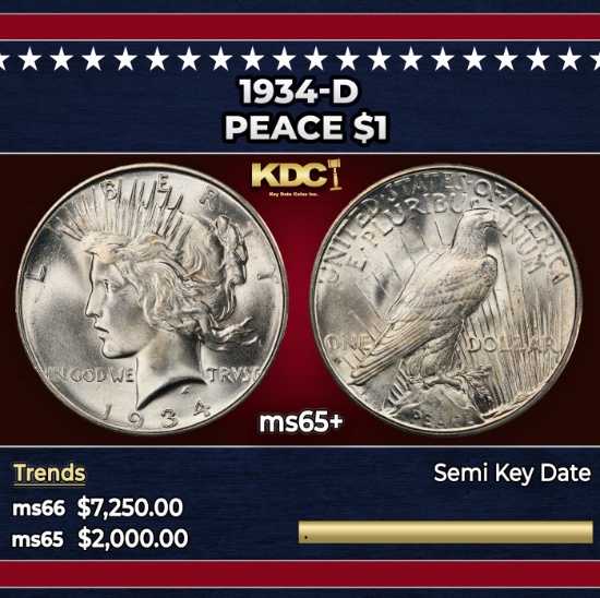 1934-d Peace Dollar $1 ms65+ SEGS