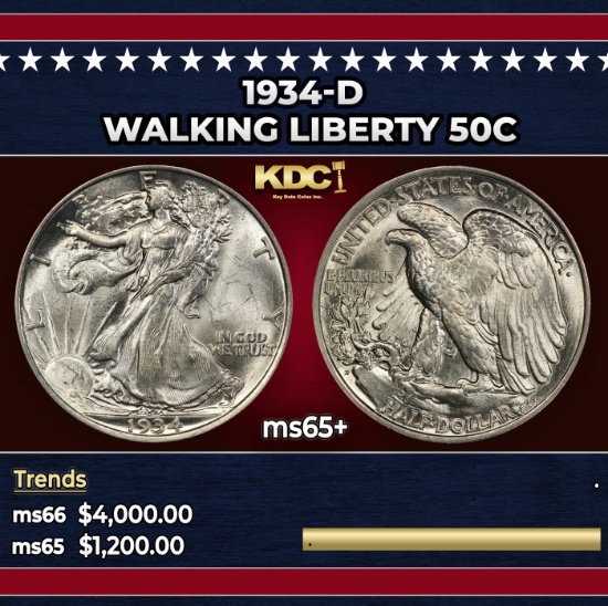 1934-d Walking Liberty Half Dollar 50c ms65+ SEGS