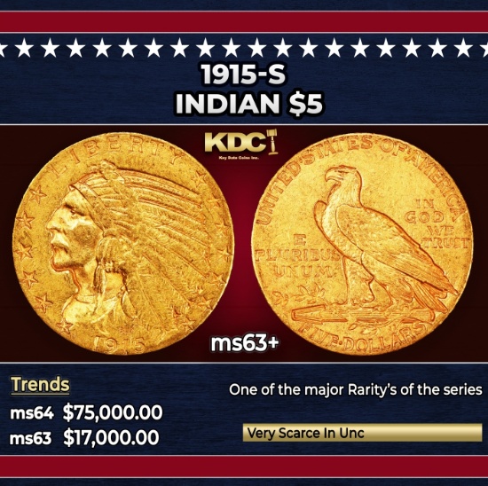 1915-s Gold Indian Half Eagle $5 Select+ Unc USCG