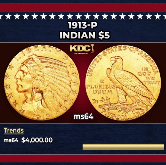 1913-p Gold Indian Half Eagle $5 Choice Unc USCG