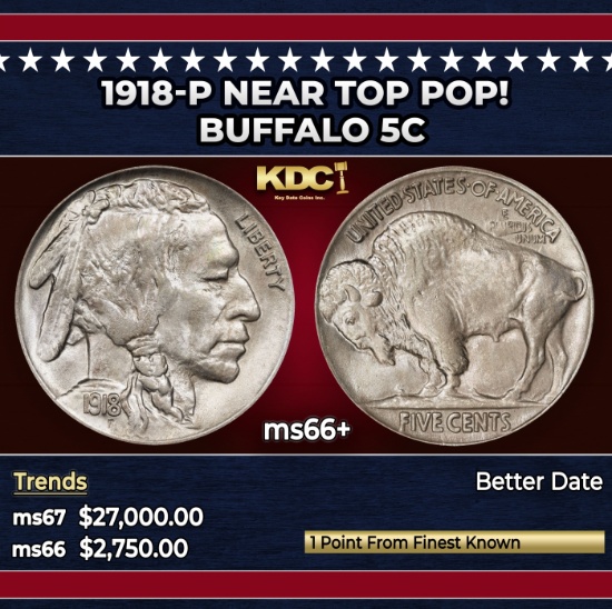 1918-p Buffalo Nickel Near Top Pop! 5c ms66+ SEGS
