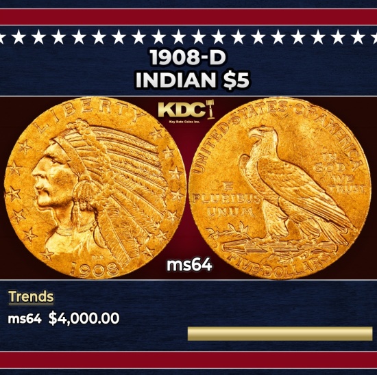 1908-d Gold Indian Half Eagle $5 Choice Unc USCG