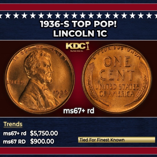 1936-s Lincoln Cent TOP POP! 1c ms67+ rd SEGS