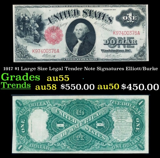 1917 $1 Large Size Legal Tender Note Grades Choice AU Signatures Elliott/Burke