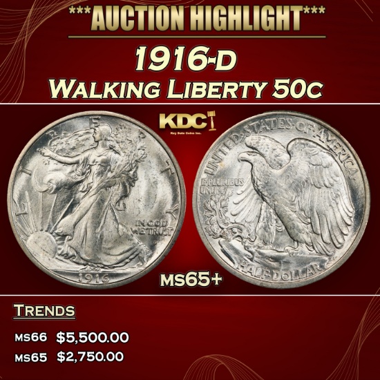 1916-d Walking Liberty Half Dollar 50c ms65+ SEGS