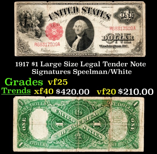 1917 $1 Large Size Legal Tender Note Grades vf+ Signatures Speelman/White