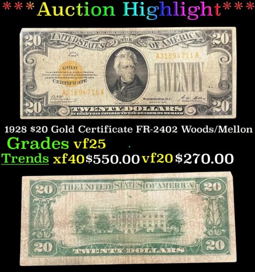 1928 $20 Gold Certificate FR-2402 Woods/Mellon Grades vf+