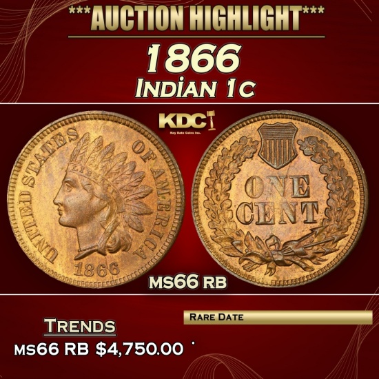 1866 Indian Cent 1c ms66 rb SEGS