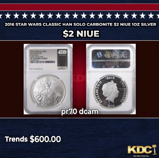 NGC 2016 Star Wars Classic Han Solo Carbonite $2 Niue 1oz Silver Proof pr70 dcam NGC