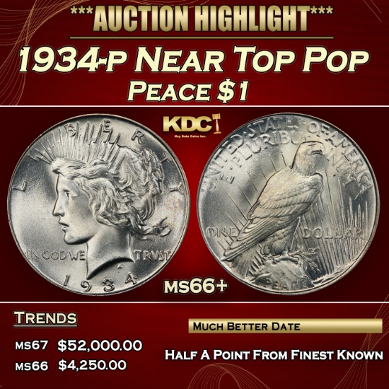 1934-p Peace Dollar Near Top Pop $1 ms66+ SEGS