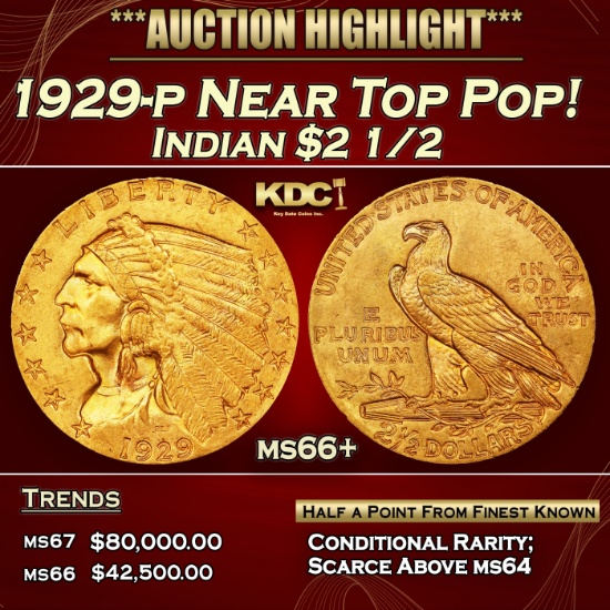 1929-p Gold Indian Quarter Eagle Near Top Pop! $2 1/2 ms66+ USCG