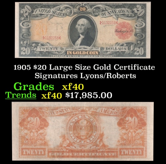 1905 $20 Large Size Gold Certificate Grades xf Signatures Lyons/Roberts