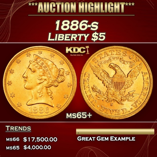 1886-s Gold Liberty Half Eagle $5 ms65+ SEGS