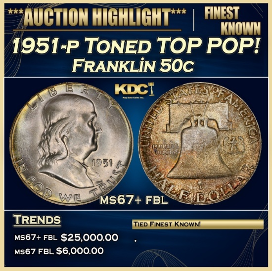 1951-p Franklin Half Dollar Toned TOP POP! 50c ms67+ fbl SEGS