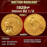 1929-p Gold Indian Quarter Eagle $2 1/2 ms65+ SEGS