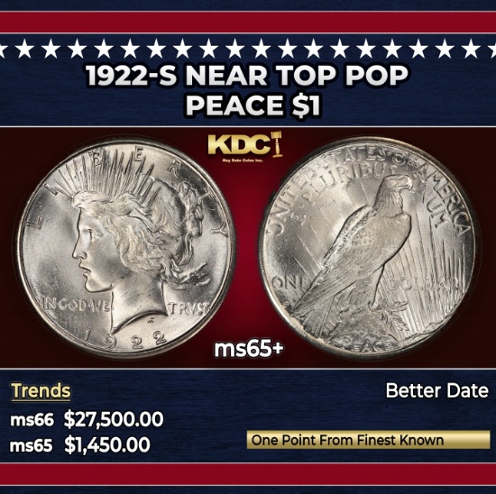 1922-s Peace Dollar Near Top Pop $1 ms65+ SEGS
