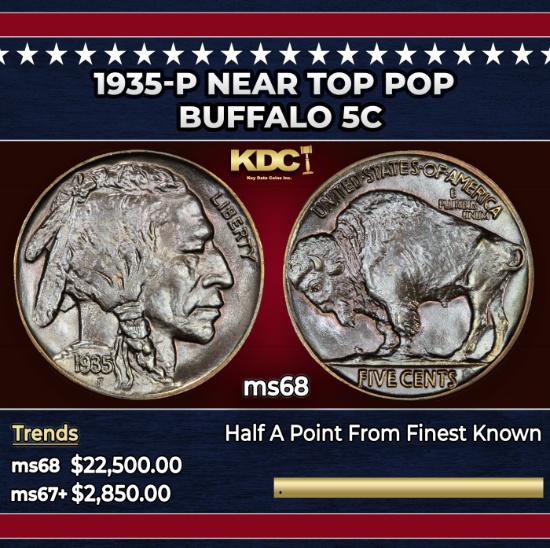 1935-p Buffalo Nickel Near Top Pop 5c ms68 SEGS
