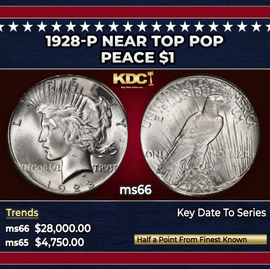 1928-p Peace Dollar Near Top Pop $1 ms66 SEGS