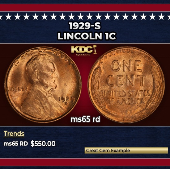 1929-s Lincoln Cent 1c Grades ms65 rd