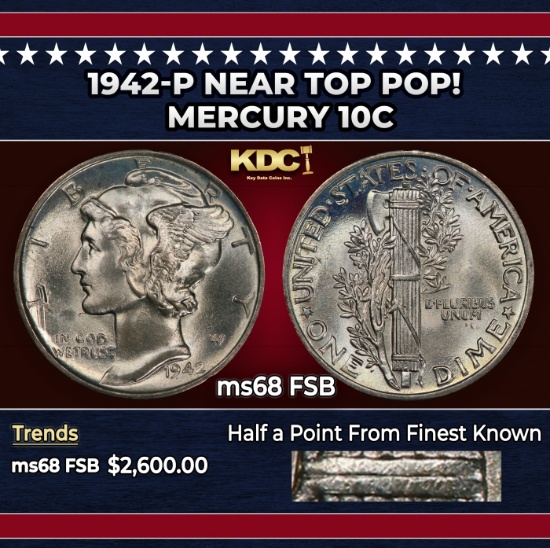 1942-p Mercury Dime Near Top Pop! 10c ms68 FSB SEGS