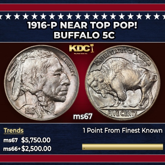 1916-p Buffalo Nickel Near Top Pop! 5c ms67 SEGS