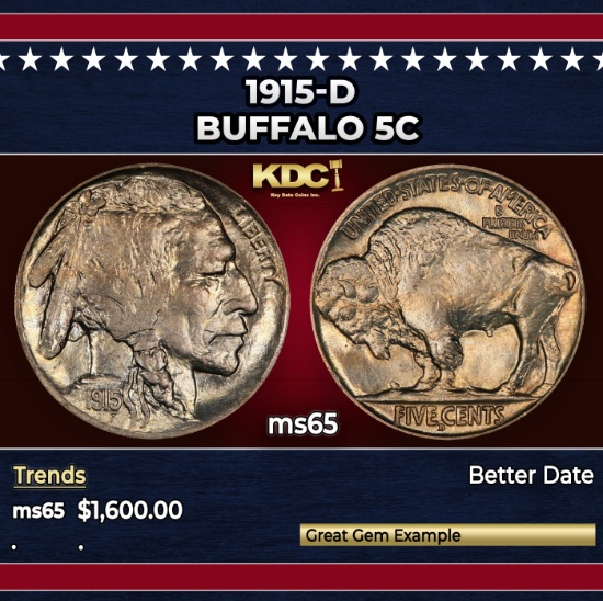 1915-d Buffalo Nickel 5c ms65 SEGS
