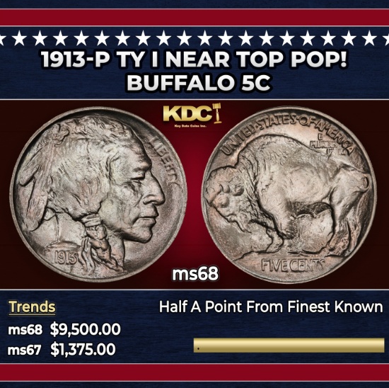 1913-p Ty I Buffalo Nickel Near Top Pop! 5c ms68 SEGS