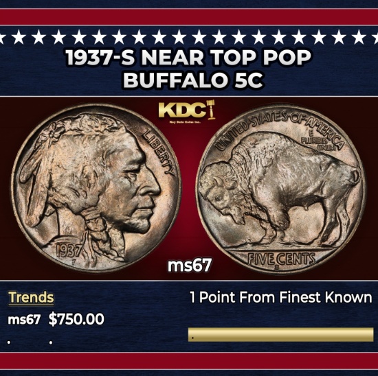1937-s Buffalo Nickel Near Top Pop 5c ms67 SEGS