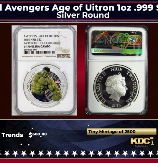NGC NGC 2015 Marvel Hulk Colorized Avengers Age of Uitron 1oz .999 Silver $2  Niue Commerative Coin