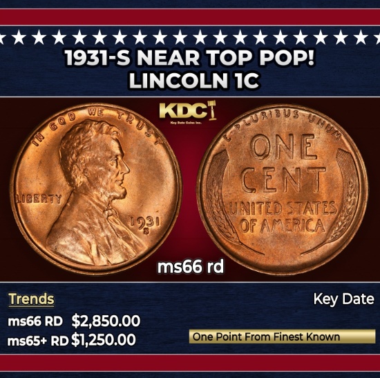 1931-s Lincoln Cent Near Top Pop! 1c ms66 rd SEGS