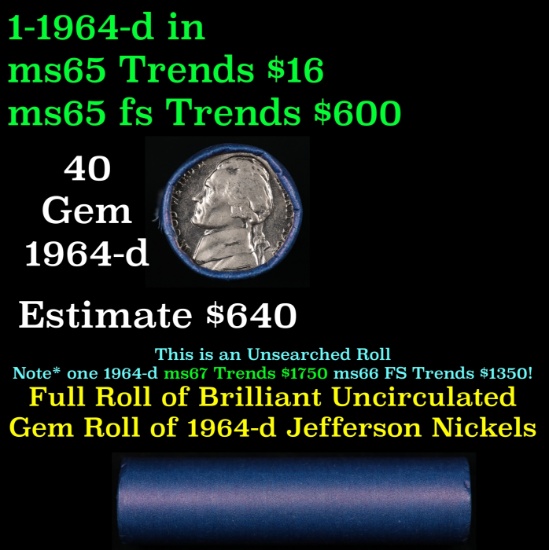 BU Shotgun Jefferson 5c roll, 1964-d 40 pcs Bank $2 Nickel Wrapper