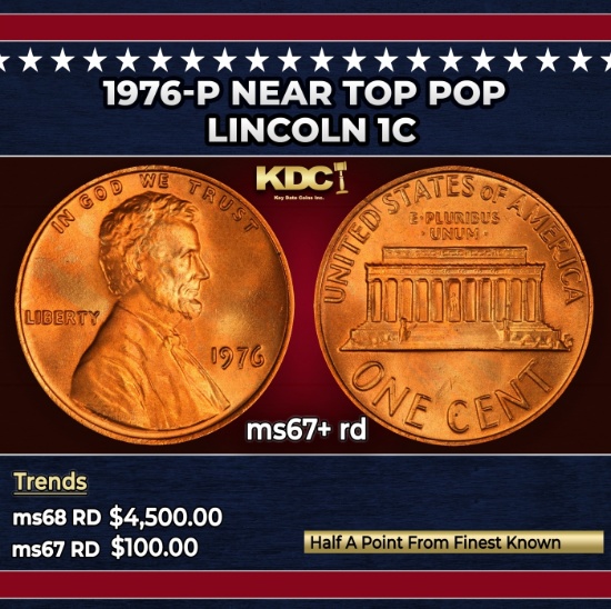1976-p Lincoln Cent Near Top Pop 1c ms67+ rd SEGS