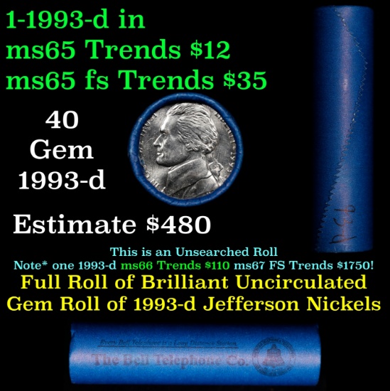 BU Shotgun Jefferson 5c roll, 1993-d 40 pcs Bank $2 Nickel Wrapper