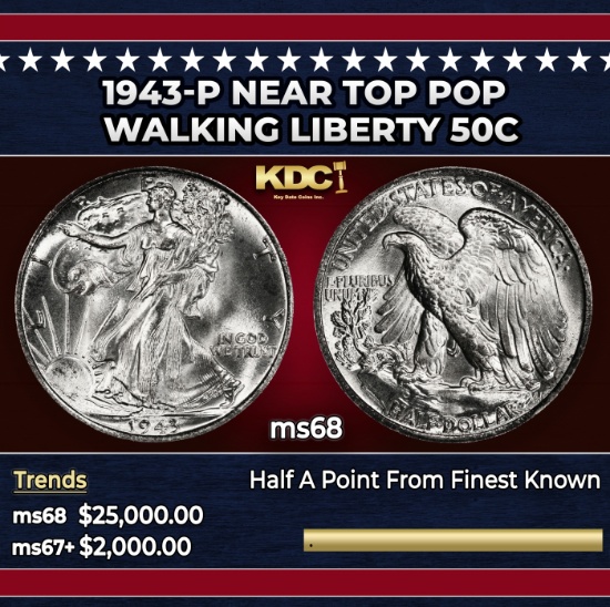 1943-p Walking Liberty Half Dollar Near Top Pop 50c ms68 SEGS