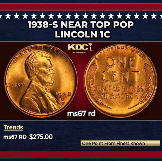 1938-s Lincoln Cent Near Top Pop 1c ms67 rd SEGS