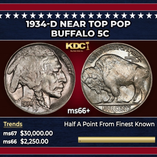 1934-d Buffalo Nickel Near Top Pop 5c ms66+ SEGS