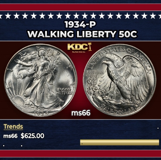 1934-p Walking Liberty Half Dollar 50c Grades ms66