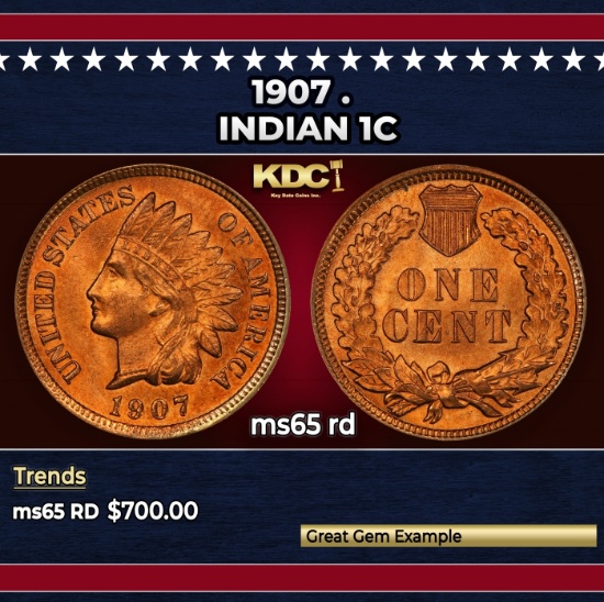 1907 Indian Cent . 1c Grades ms65 rd
