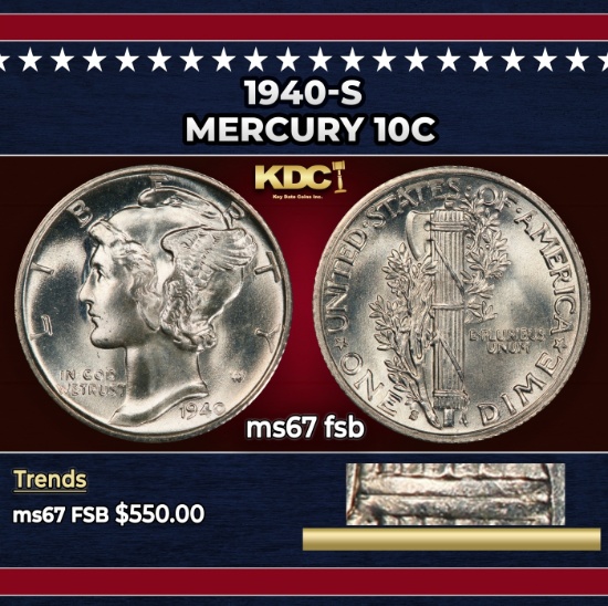 1940-s Mercury Dime 10c ms67 fsb SEGS