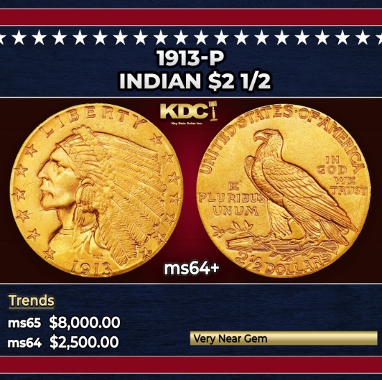 1913-p Gold Indian Quarter Eagle $2 1/2 ms64+ SEGS