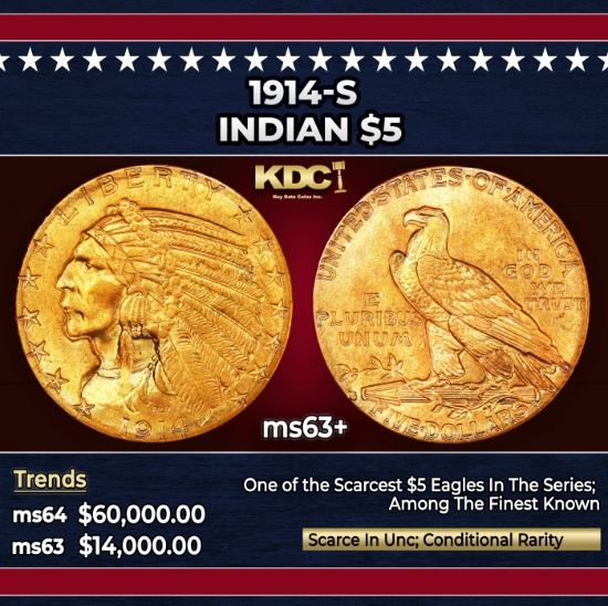 1914-s Gold Indian Half Eagle $5 ms63+ USCG