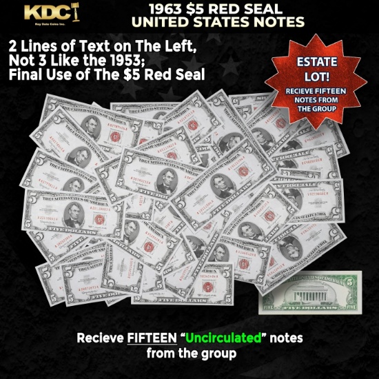 15x 1963 $5 Red Seal United States Note Grades CU