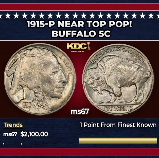 1915-p Buffalo Nickel Near Top Pop! 5c ms67 SEGS