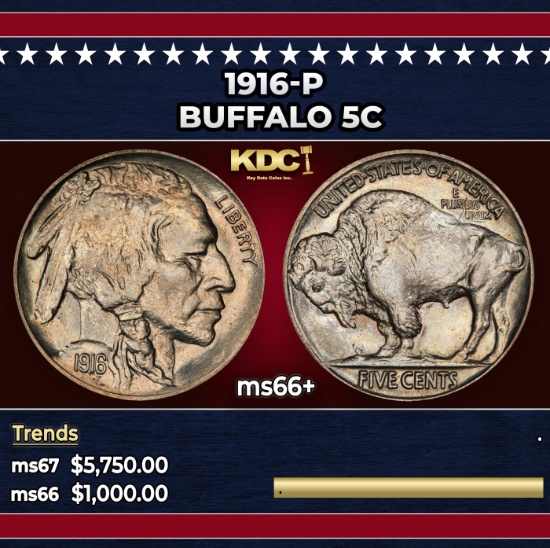 1916-p Buffalo Nickel 5c ms66+ SEGS