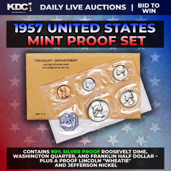 1957 United States Mint Silver Proof Set In Original Goventment Packaging, 5 Coins - Manilla Envelop